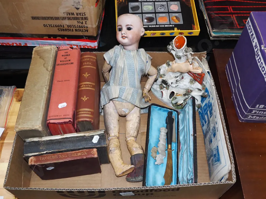 box; books, vintage doll, Staffordshire? vase etc Image 1++