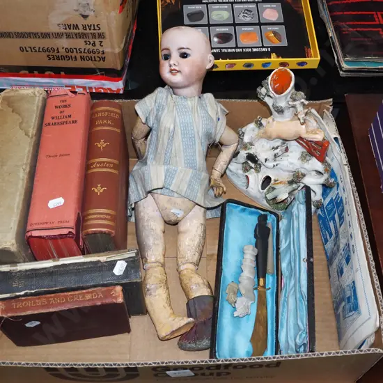 box; books, vintage doll, Staffordshire? vase etc