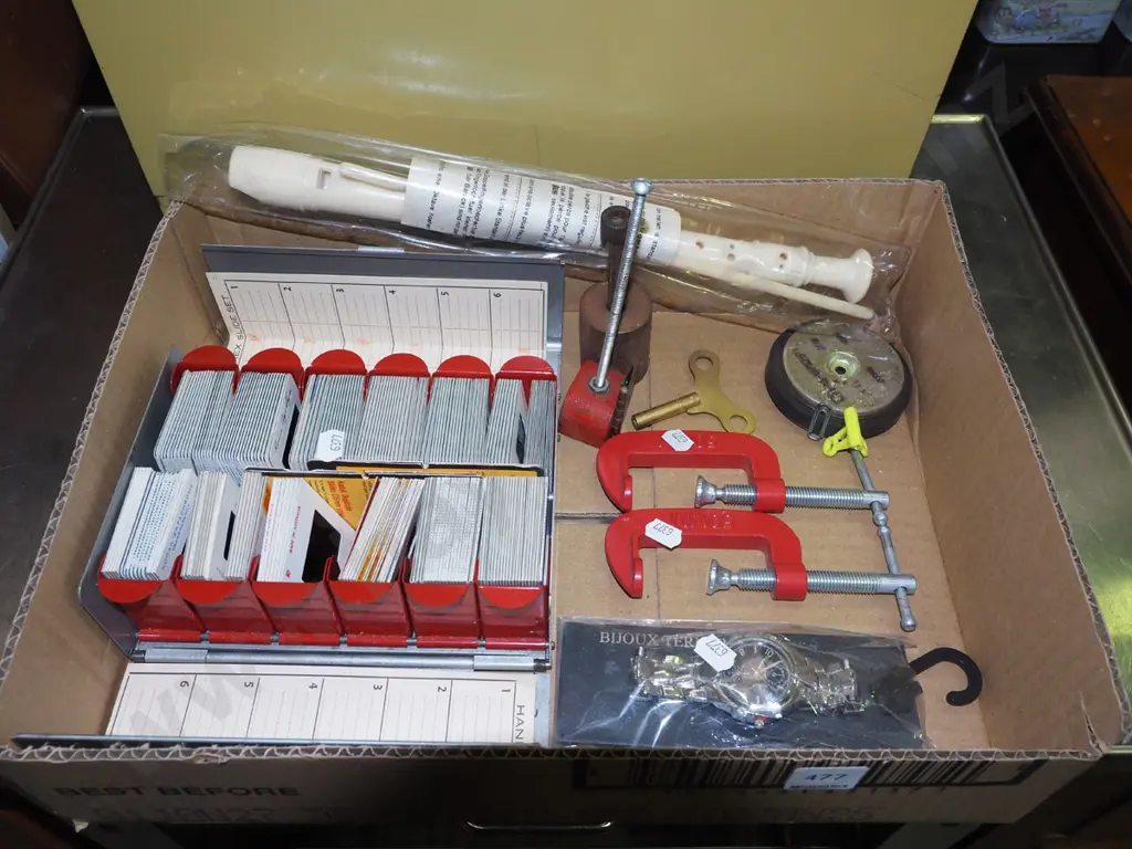 box; recorder, watch, 35mm film slides, C-clamps etc Image 1++