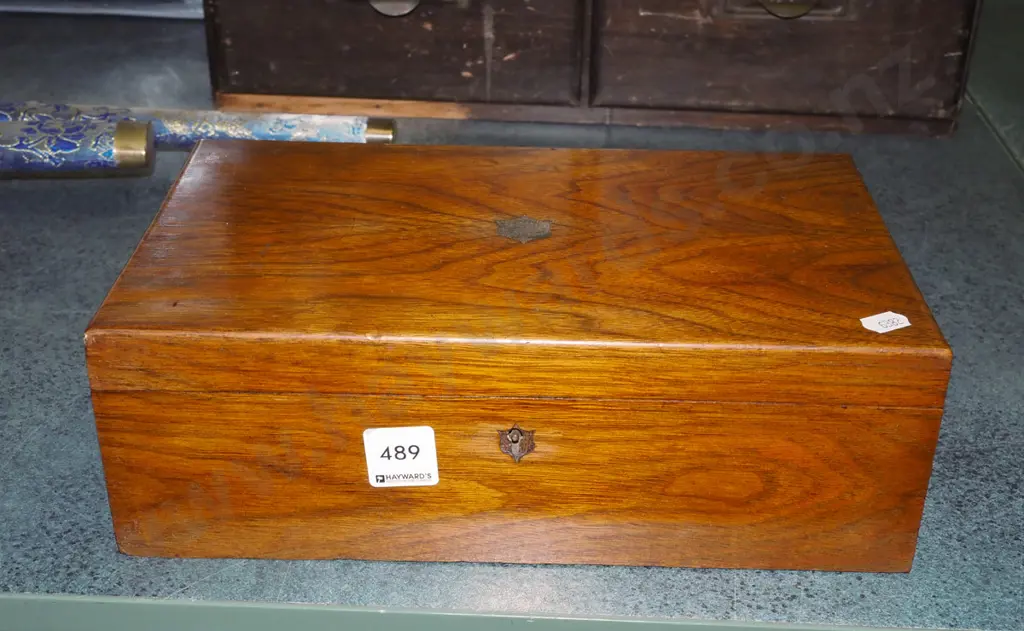 oak lidded box with inlay shield on top, velvet interior and bottles of ink - spilled ink residue inside Image 1++