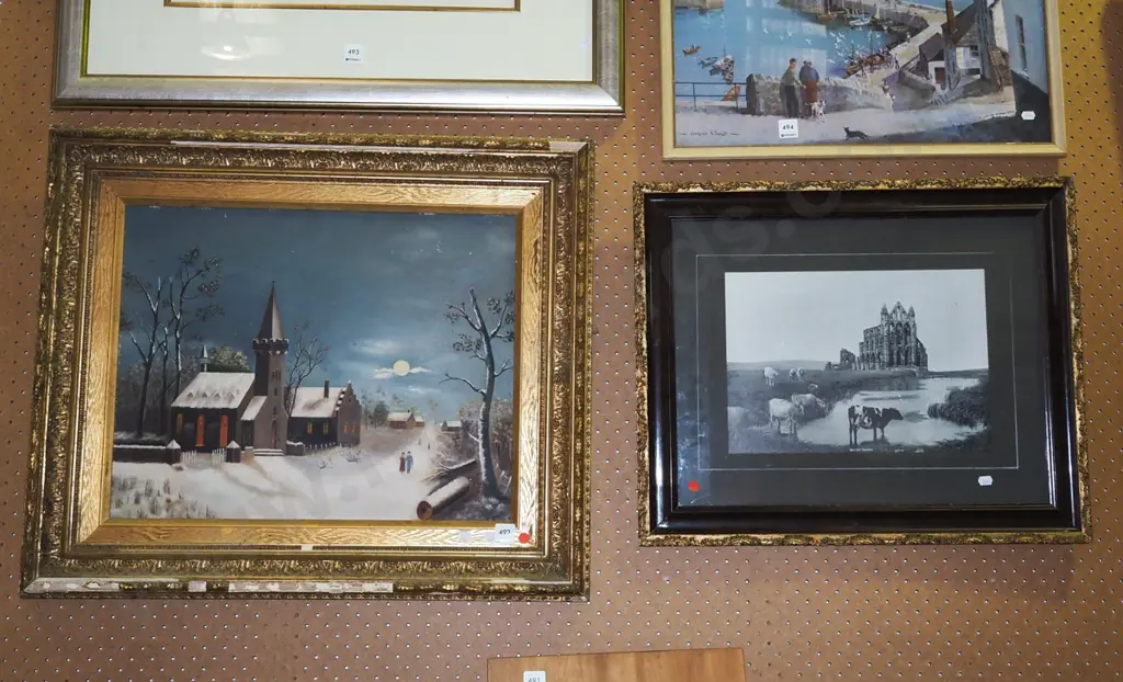 gilt framed oil - church (damage) , ornate photograph - abbey - red dots Image 1++