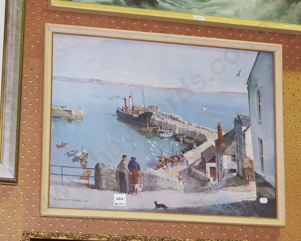 framed Vernon Ward print - village harbour Image 1++