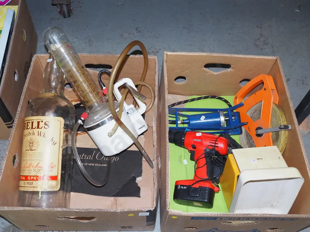 2x boxes; foot pump, large whisky bottle, electric still etc - yellow dots Image 1++