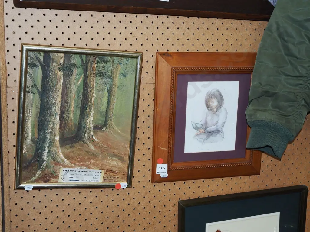 2x small - Sylvia Carter framed oil - trees, Maria Kemp framed watercolour - woman reading book - red dots Image 1++