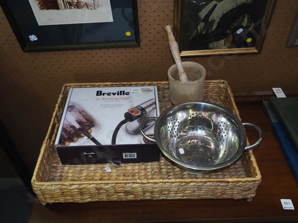 seagrass tray; colander, mortar and pestle, Breville smoking gun Image 1++