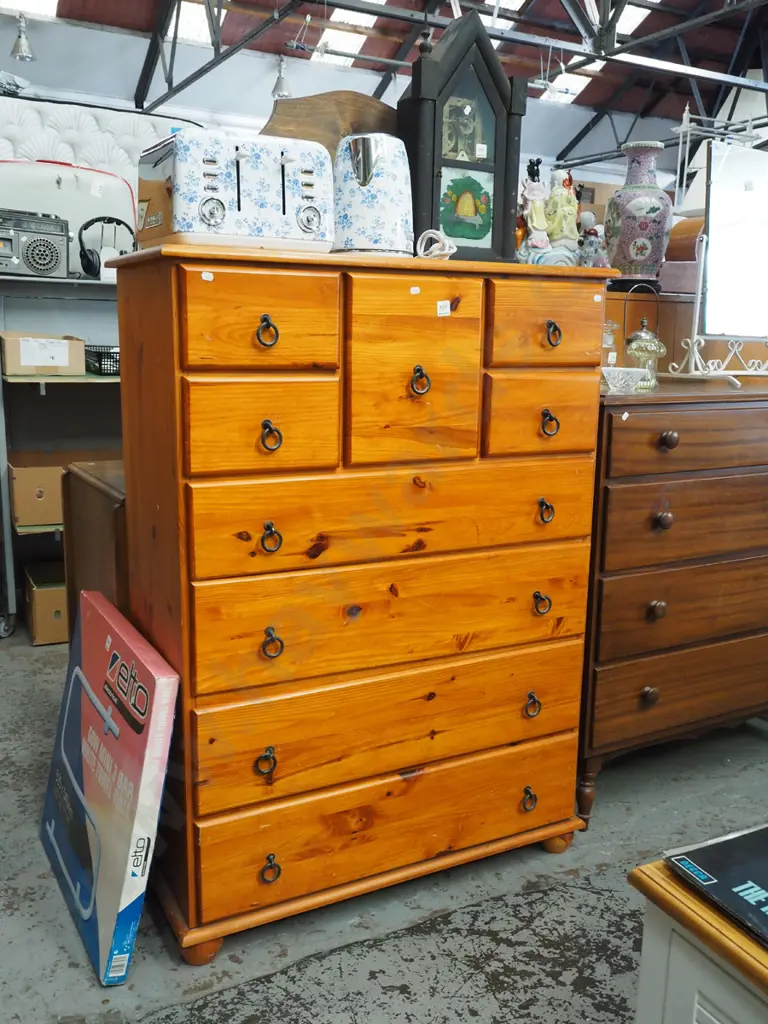 oregon 9 drawer tall boy - scratches to varnish H-1230 W-880 D-400 Image 1++