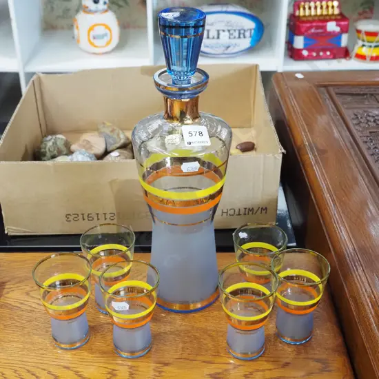 Bohemian glass striped decanter, 6 glasses