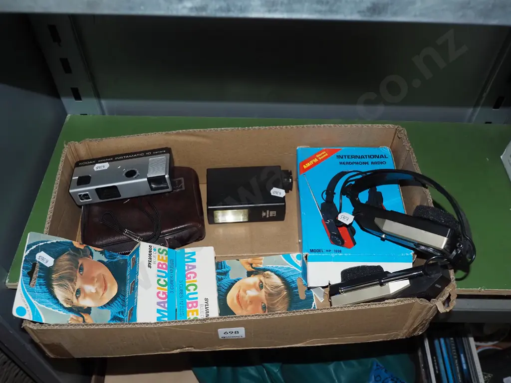 box; 1980s radio headphones, instamatic camera etc Image 1++