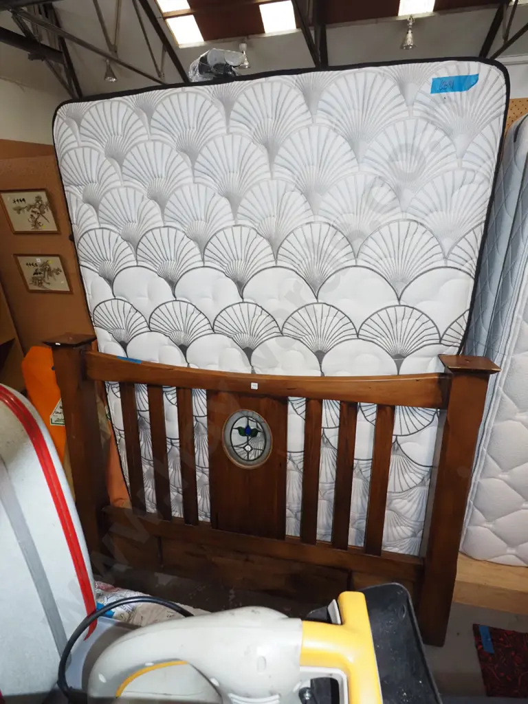 queen bed base, mattress and solid pine headboard with small leadlight pane Image 1++