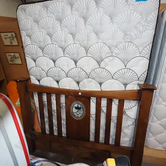 queen bed base, mattress and solid pine headboard with small leadlight pane