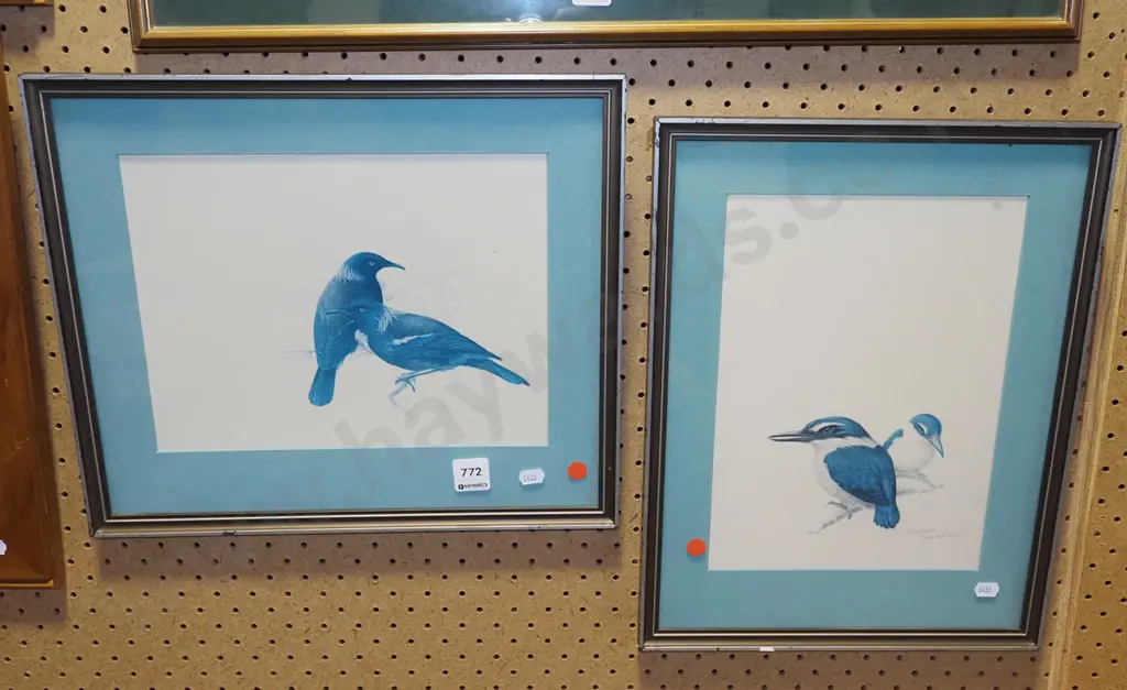 2x framed bird prints - fading - red dots Image 1++