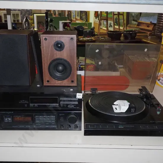 Denon turntable, Onkyo receiver, amplifier, 2x bookcase speakers