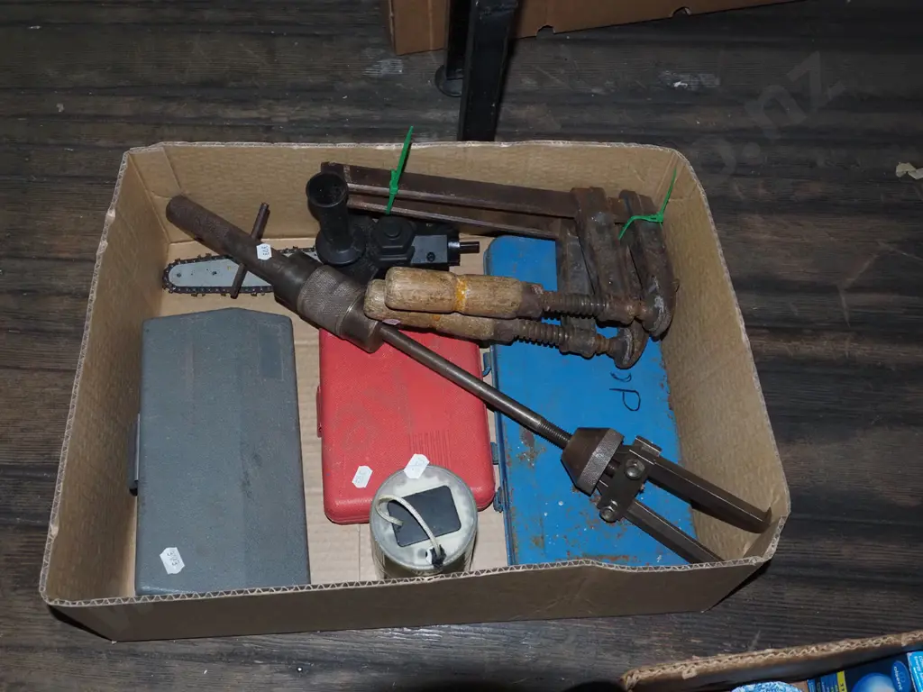 box; G clamps, drill bits, right angle driving kit etc Image 1++
