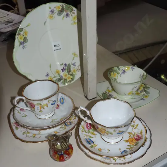 studio glass bird, cups, saucers, plates