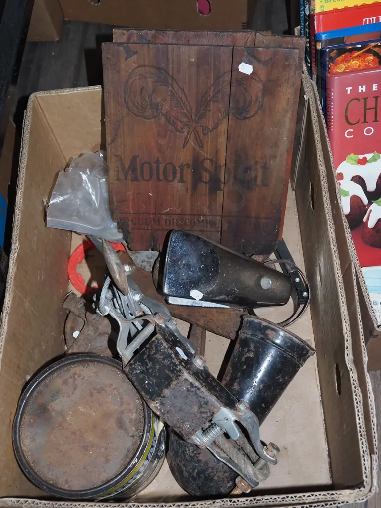 box; hand winch, car air horns, vintage car tail light etc Image 1++