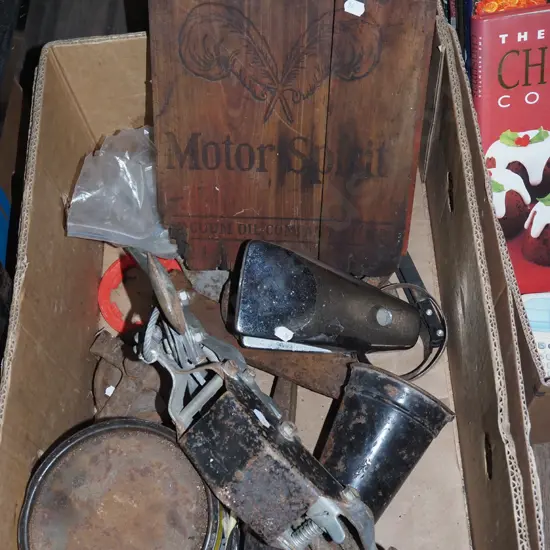 box; hand winch, car air horns, vintage car tail light etc