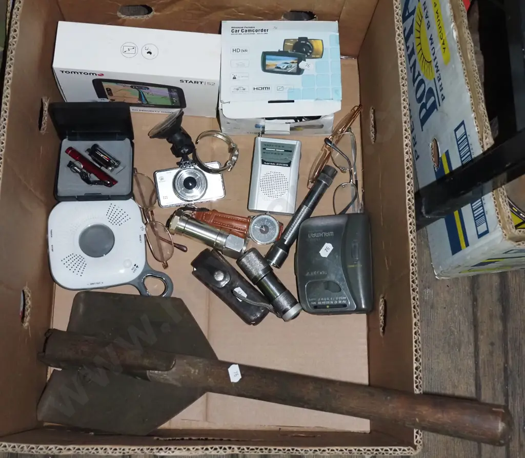 box; trenching shovel, car cam-corder, transistor radio etc Image 1++