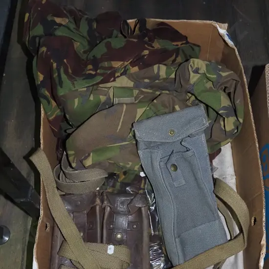 box; camo pants, shirts, belt etc