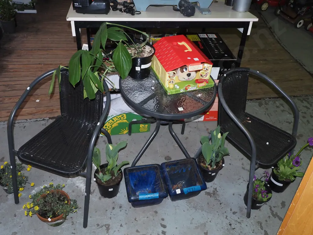 alloy and glass top patio table with 2 chairs Image 1++
