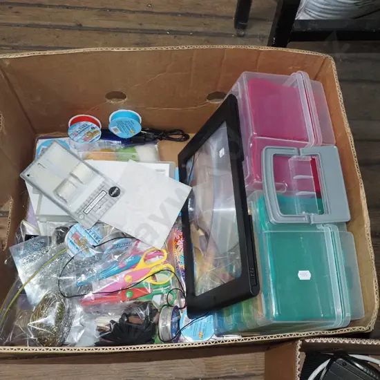 box; ribbons, plastic organisers, scissors etc