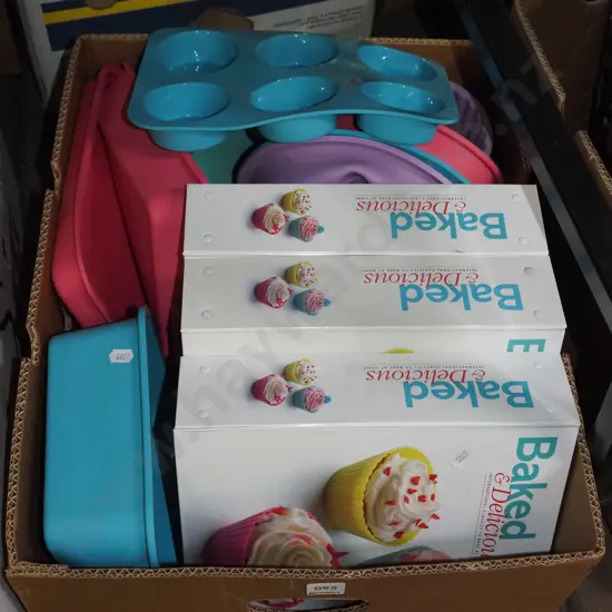 box; baking magazines, baking trays