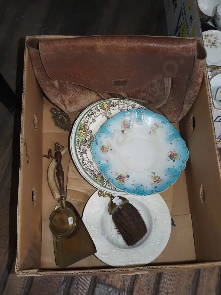 box; leather satchel, plates, firedside tools etc Image 1++