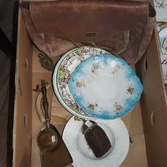 box; leather satchel, plates, firedside tools etc