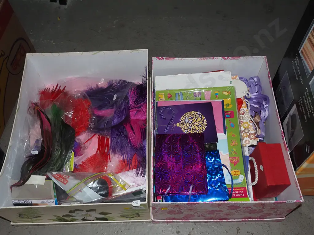 2x cardboard of crafting supplies; coloured paper, bags, feathers etc - yellow dots Image 1++