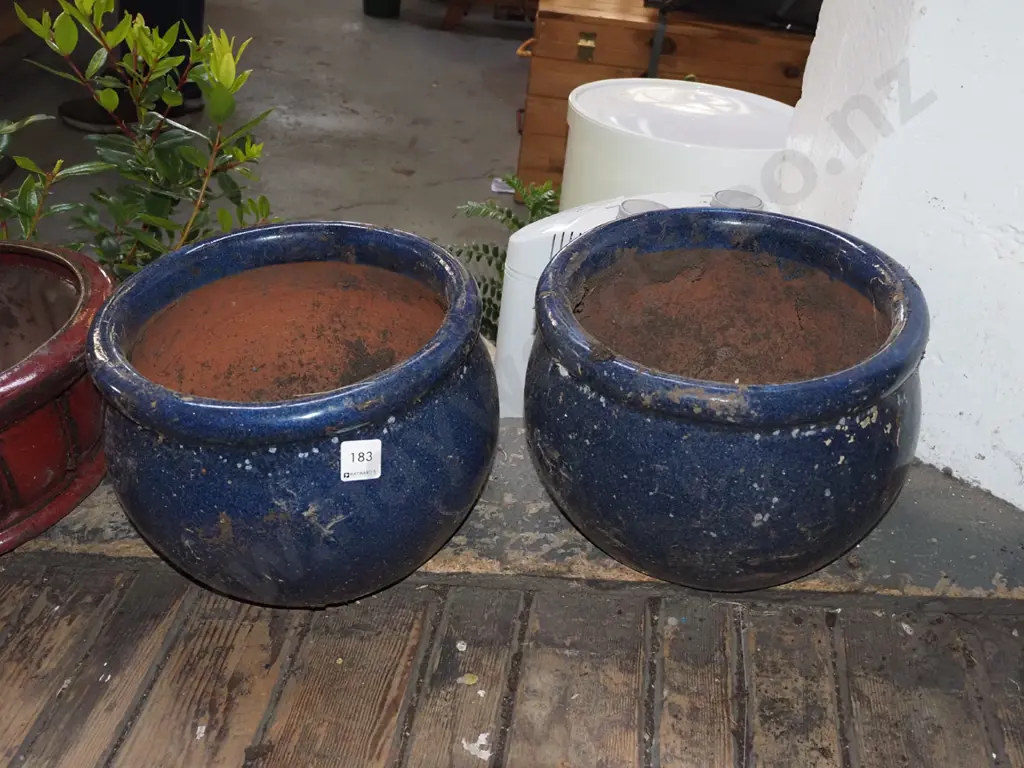 2x blue glazed garden planters H200 Image 1++