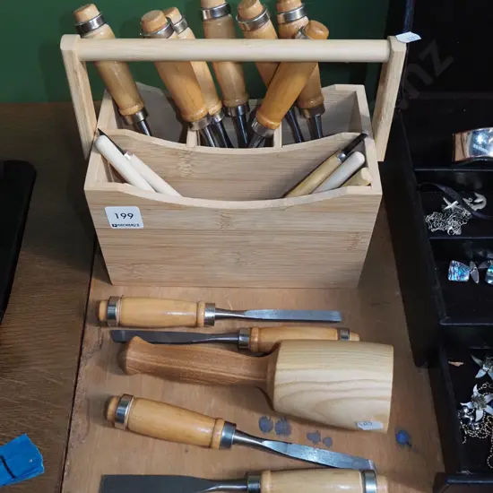 carving chisels, mallet, wooden basket