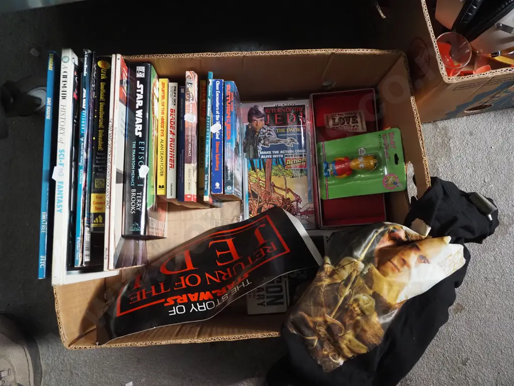 box; sci fi books, Return of the Jedi sticker, Lord of the Rings t-shirt etc Image 1++