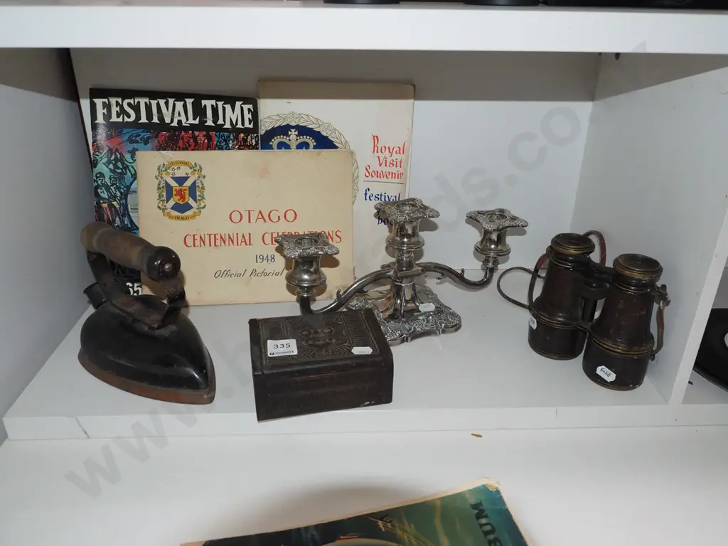 early iron, binoculars, candelabra trinket box etc Image 1++