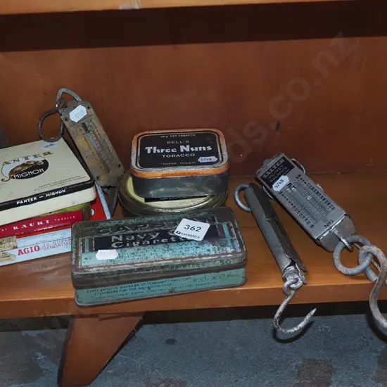 tins, spring scales