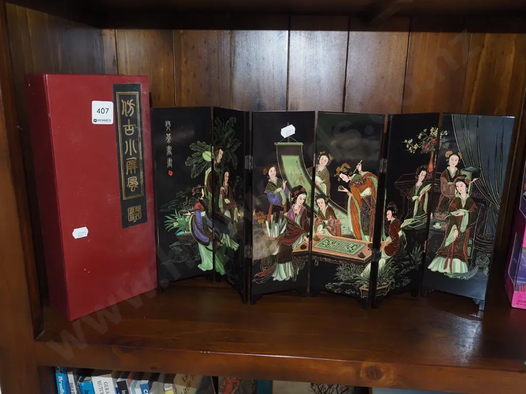 Asian 6 fold lacquer screen in case H240 Image 1++