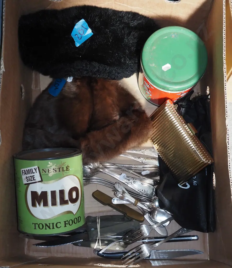 box; cutlery, tins, hat etc Image 1++