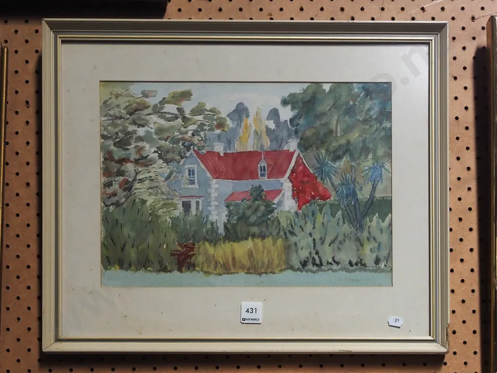 framed watercolour - house and garden - damge to frame Image 1++