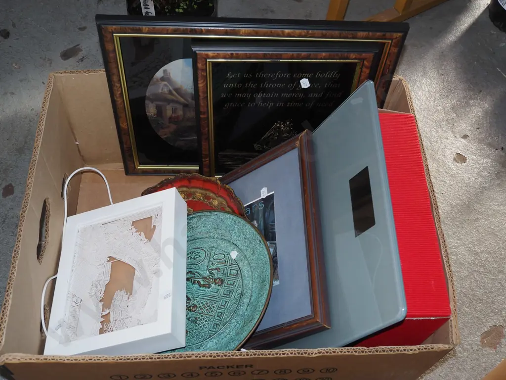box; framed prints, bathroom scales etc Image 1++