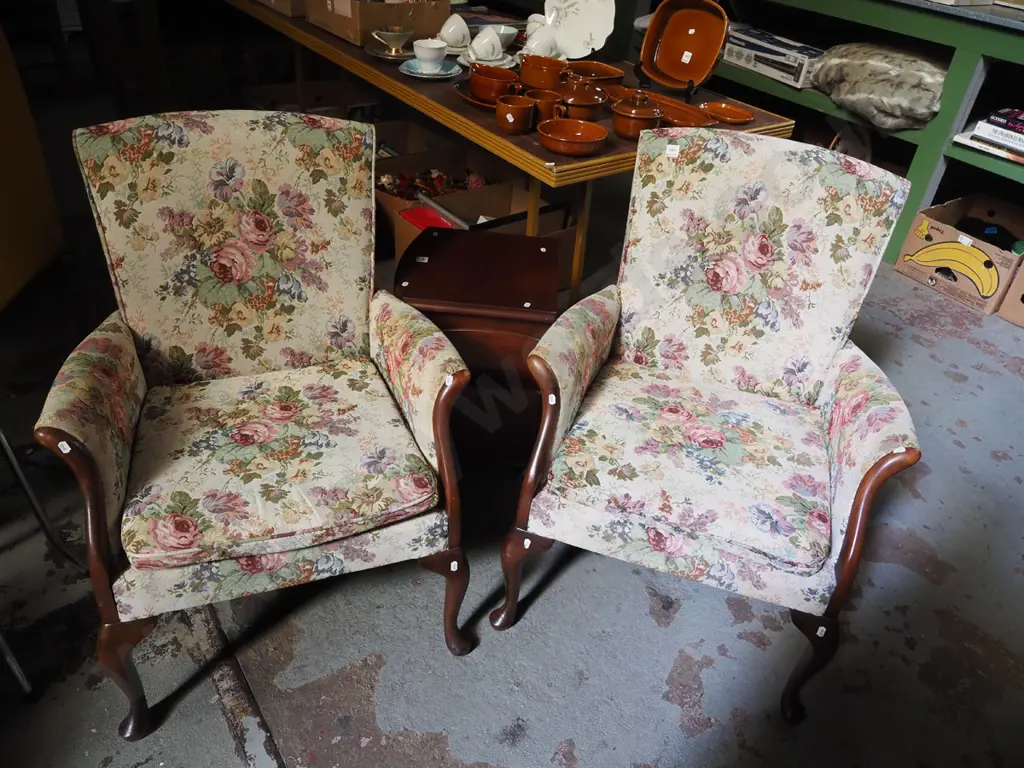 pair of floral upholstered and mahogany cab leg armchairs Image 1++