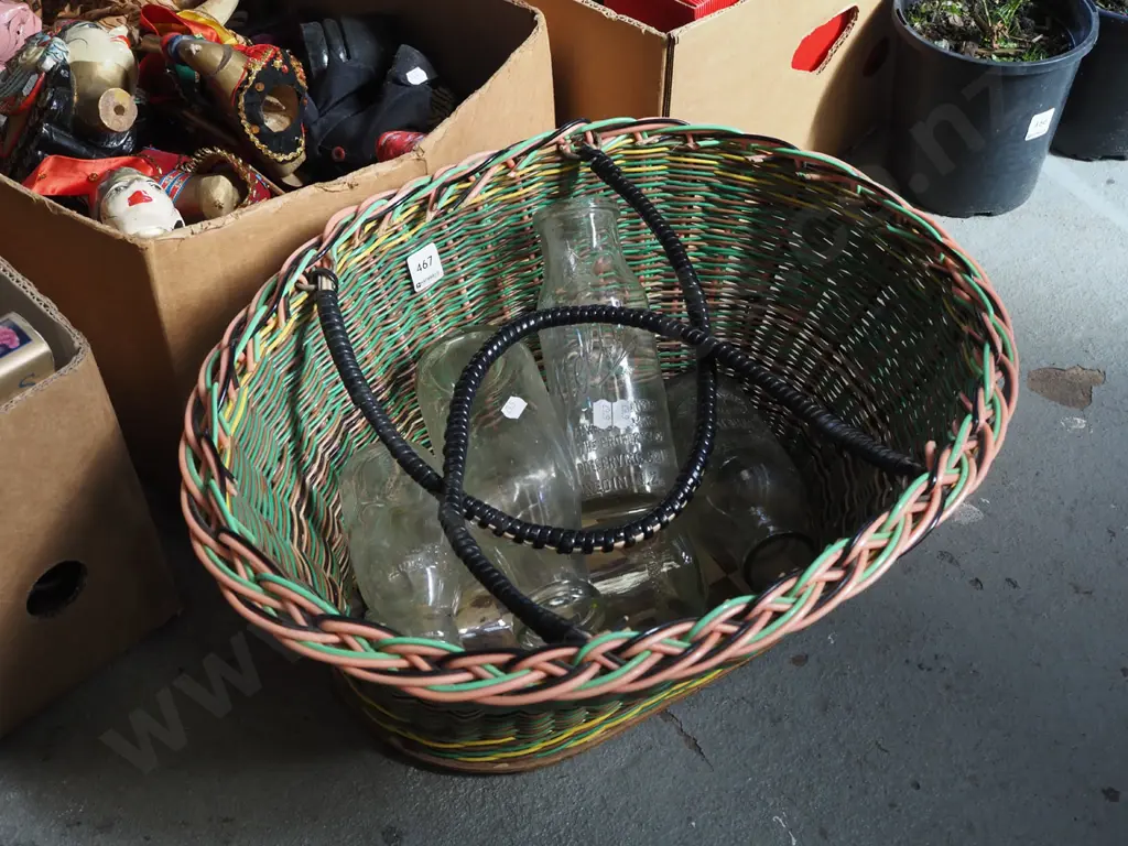 woven plastic basket, various vintage bottles Image 1++