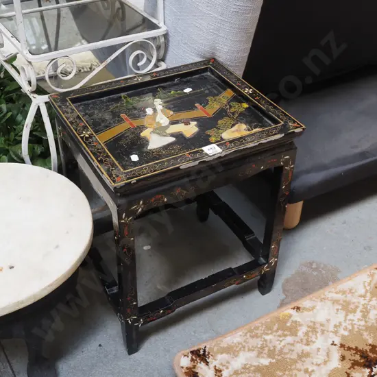 Asian shell and lacquer end table H430 W360 - may be missing glass top