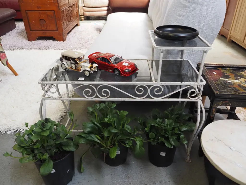 mid century wrought metal and smoked glass top 2 tier patio table Image 1++