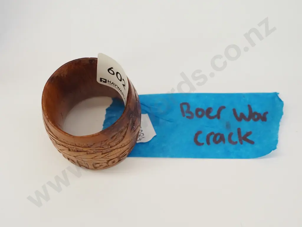 hand carved Boer War wooden napkin ring - has crack Image 1++