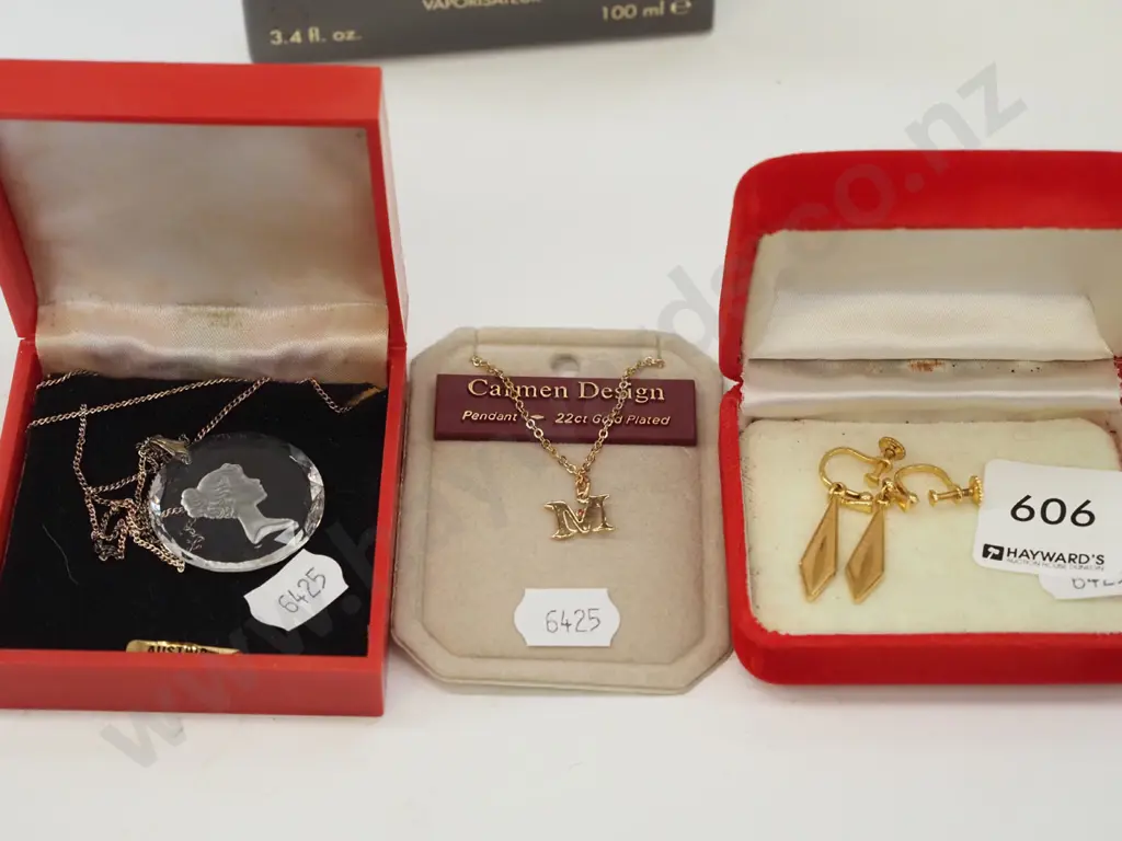 gold plated drop clip on earrings, M pendant and chain, Austrian crystal pendant and plated chain Image 1++