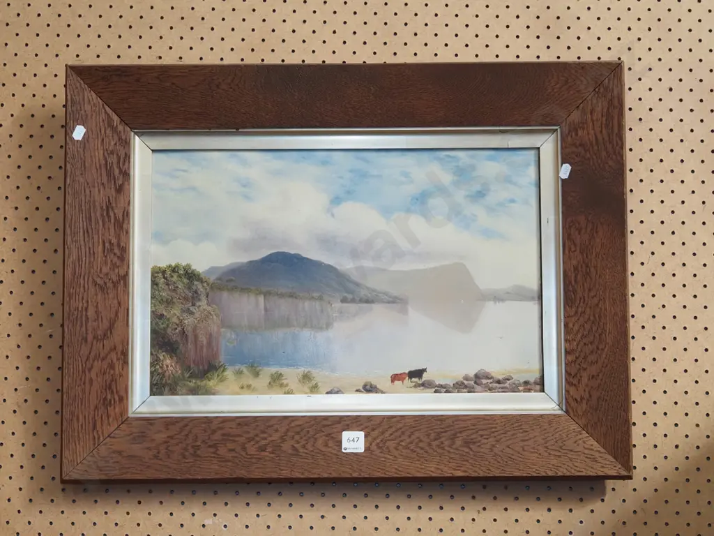 oak framed oil on board - lake and mountain scene Image 1++