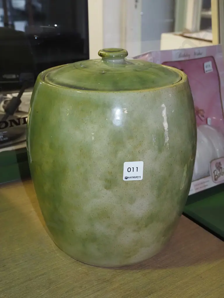 green glazed Timaru Potteries storage crock - chips to base H320 Image 1++