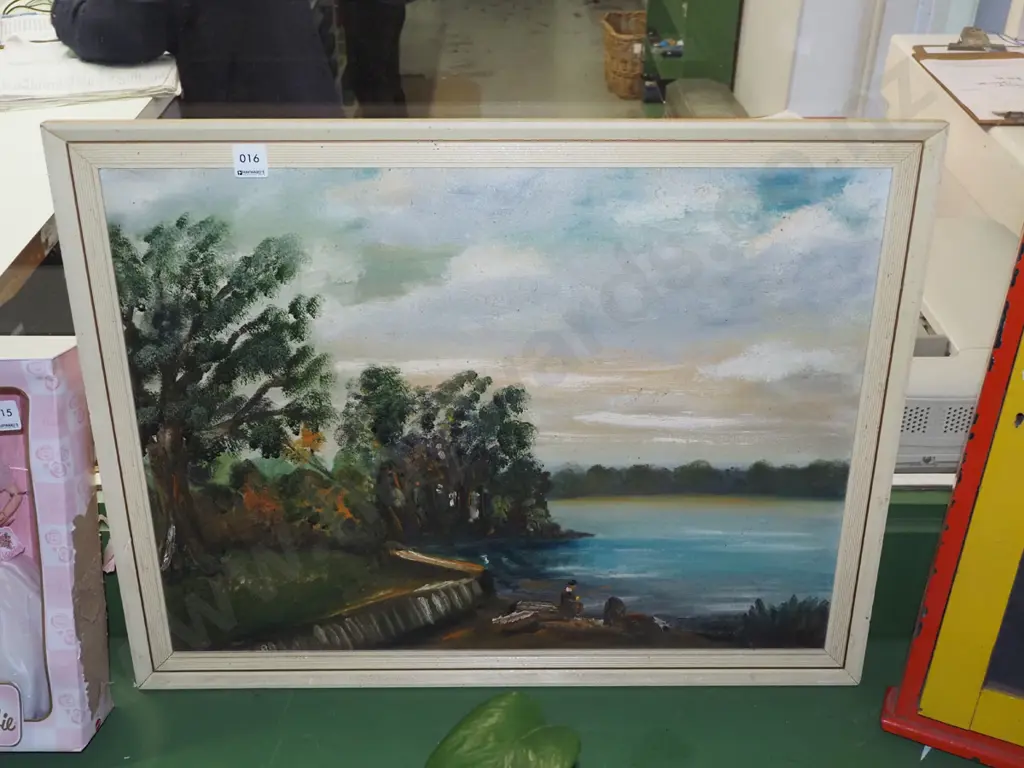 framed oil on board - fishing on estuary - some damage Image 1++
