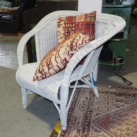 woven white cane patio chair and 2x cushions