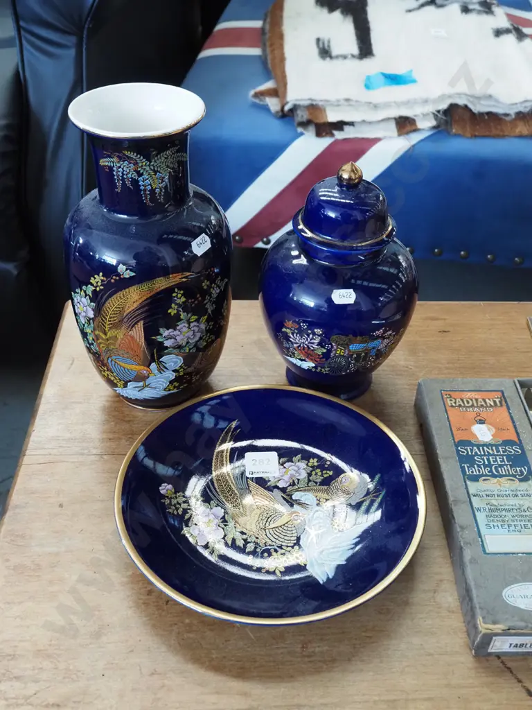 3x cobalt and gold bowl, lidded canister, vase Image 1++