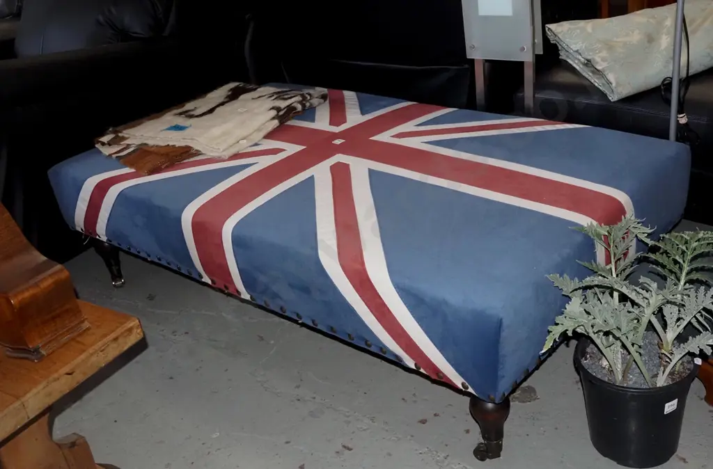 large Union Jack upholstered ottoman on turned legs with brass casters H390 W1400 D800 Image 1++