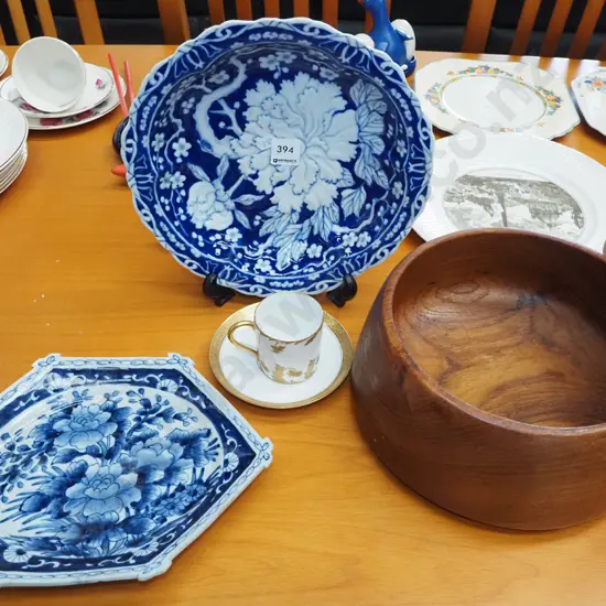 crysanthemum bowls, turned wooden bowl, demi-tasse cup and saucer